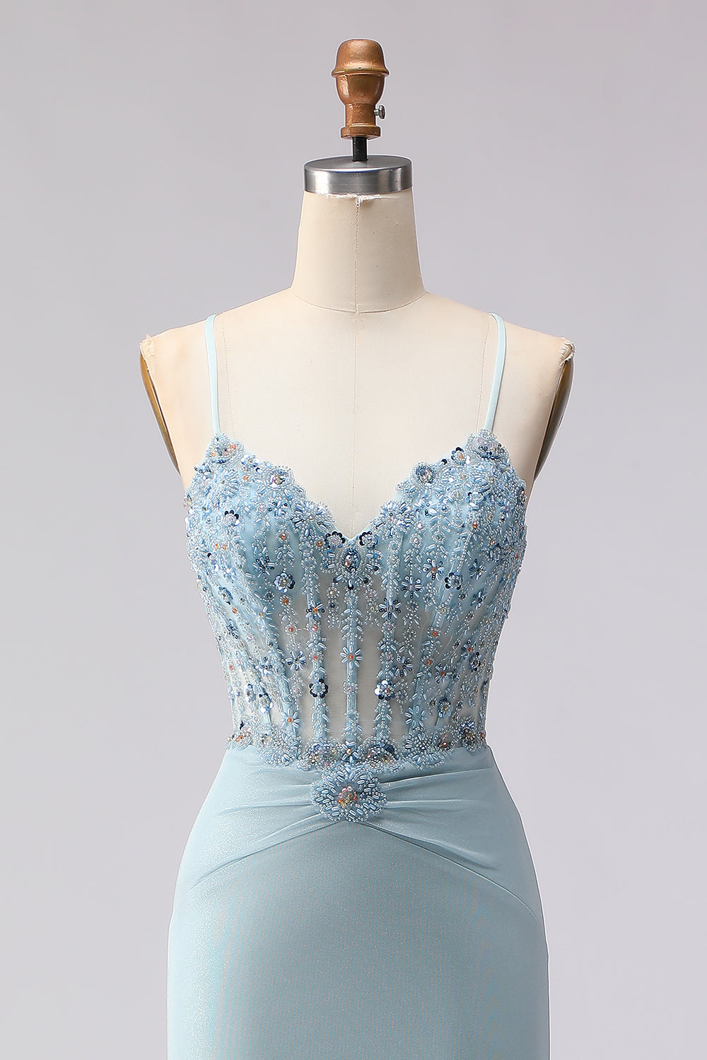 Dusty Blue Corset Beaded Spaghetti Straps Long Mermaid Prom Dress