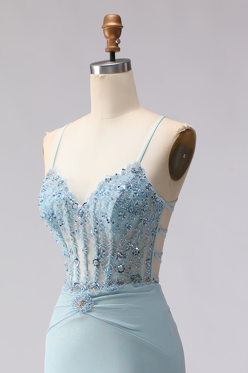 Dusty Blue Corset Beaded Spaghetti Straps Long Mermaid Prom Dress