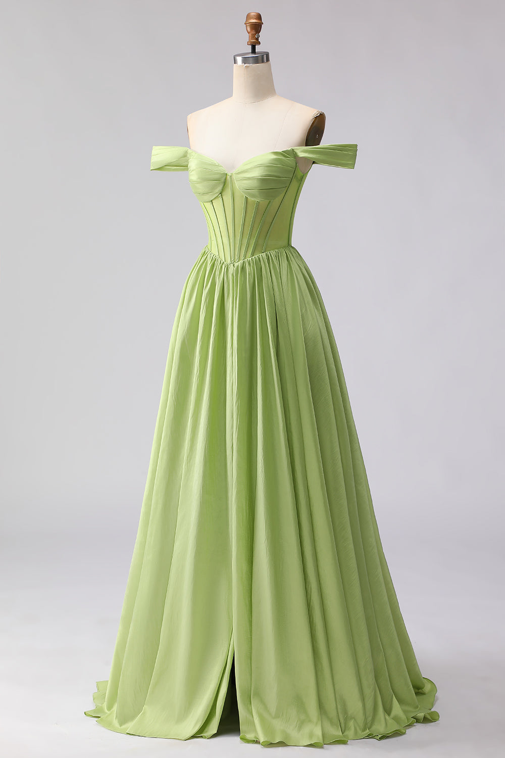 Green A Line Satin Off the Shoulder Long Corset Prom Dress with Slit