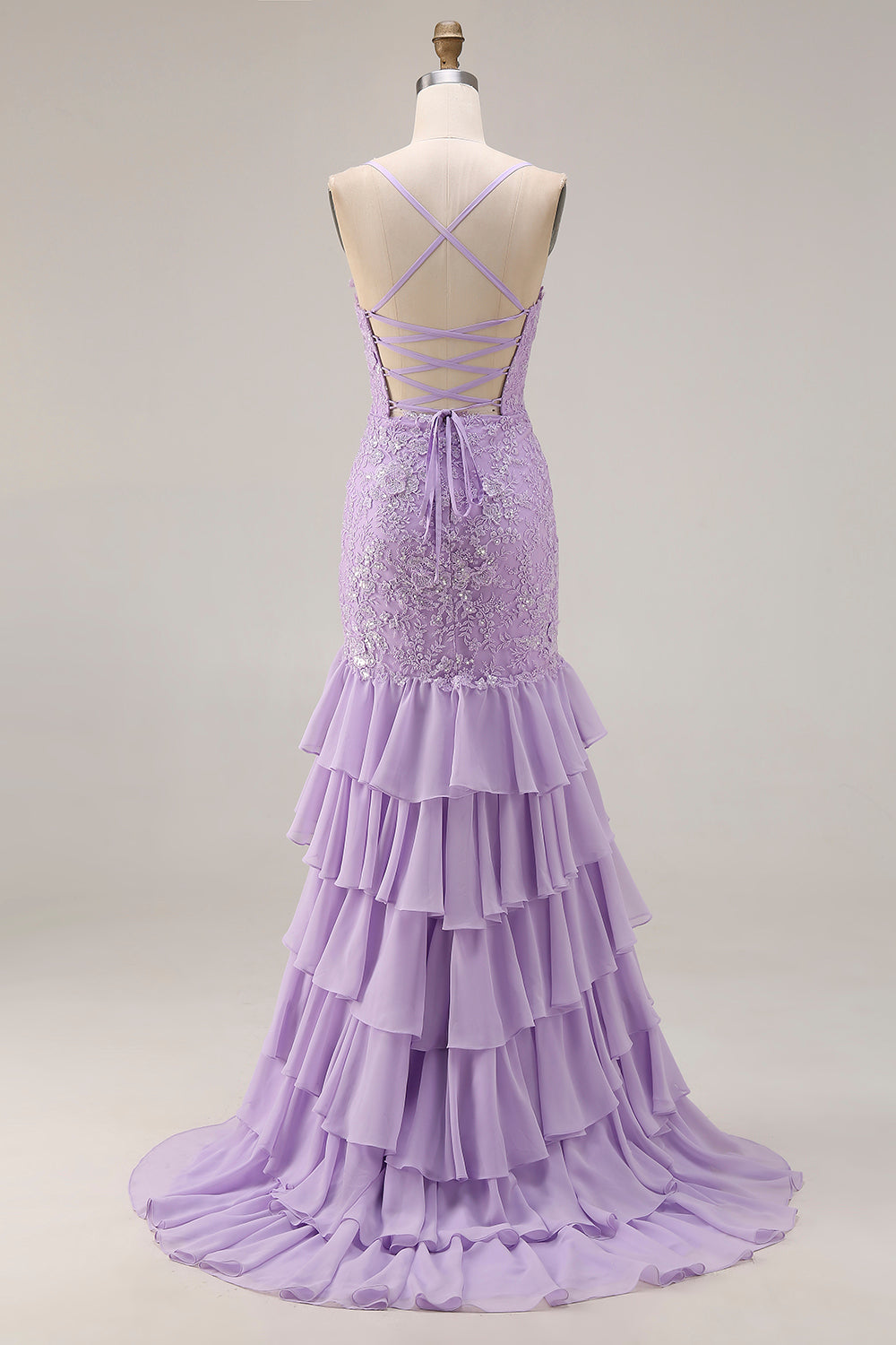Floral Purple Tiered Spaghetti Straps Long Mermaid Prom Dress with Slit