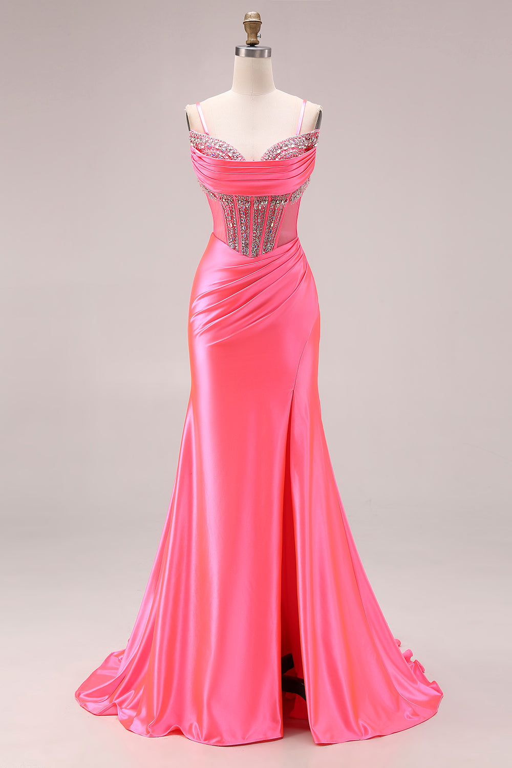 Sparkly Bright Pink Corset Ruched Long Mermaid Prom Dress with Slit