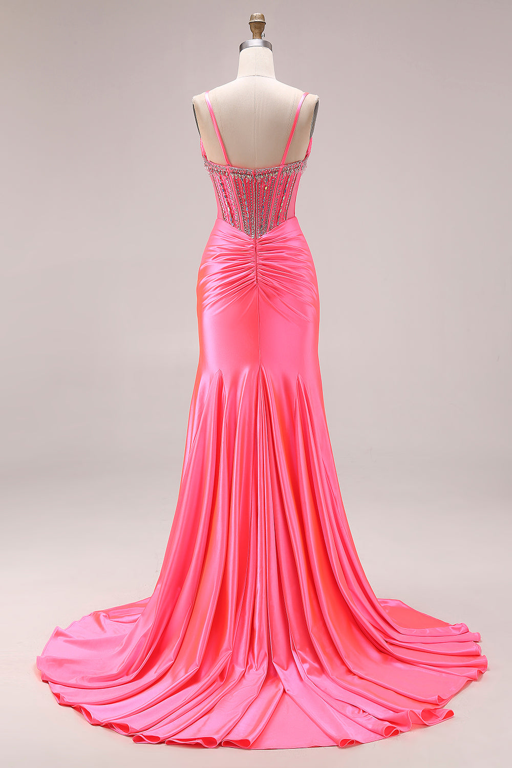 Sparkly Bright Pink Corset Ruched Long Mermaid Prom Dress with Slit