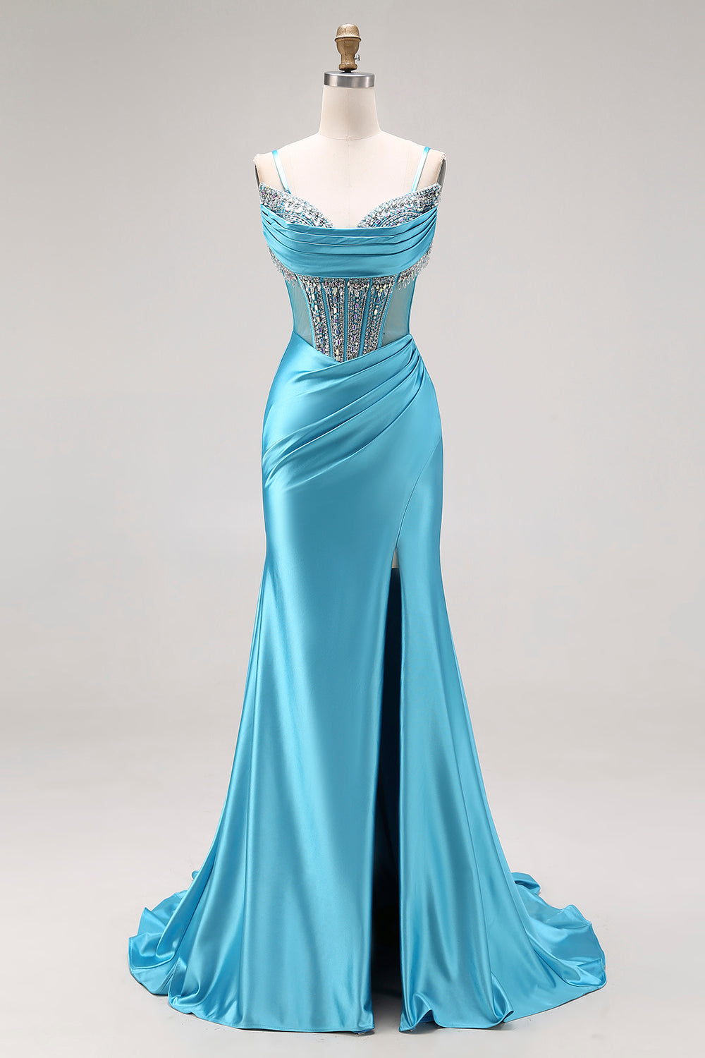 Sparkly Lake Blue Satin Mermaid Long Corset Prom Dress with Slit