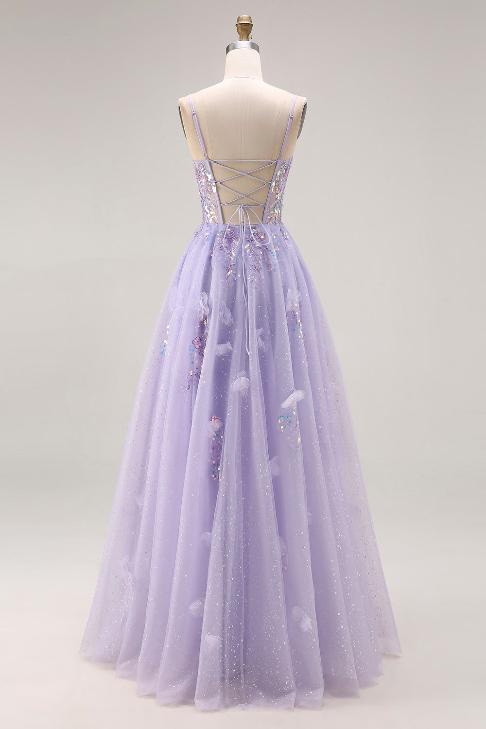 Sparkly Light Purple Corset A Line Long Tulle Prom Dress with Slit