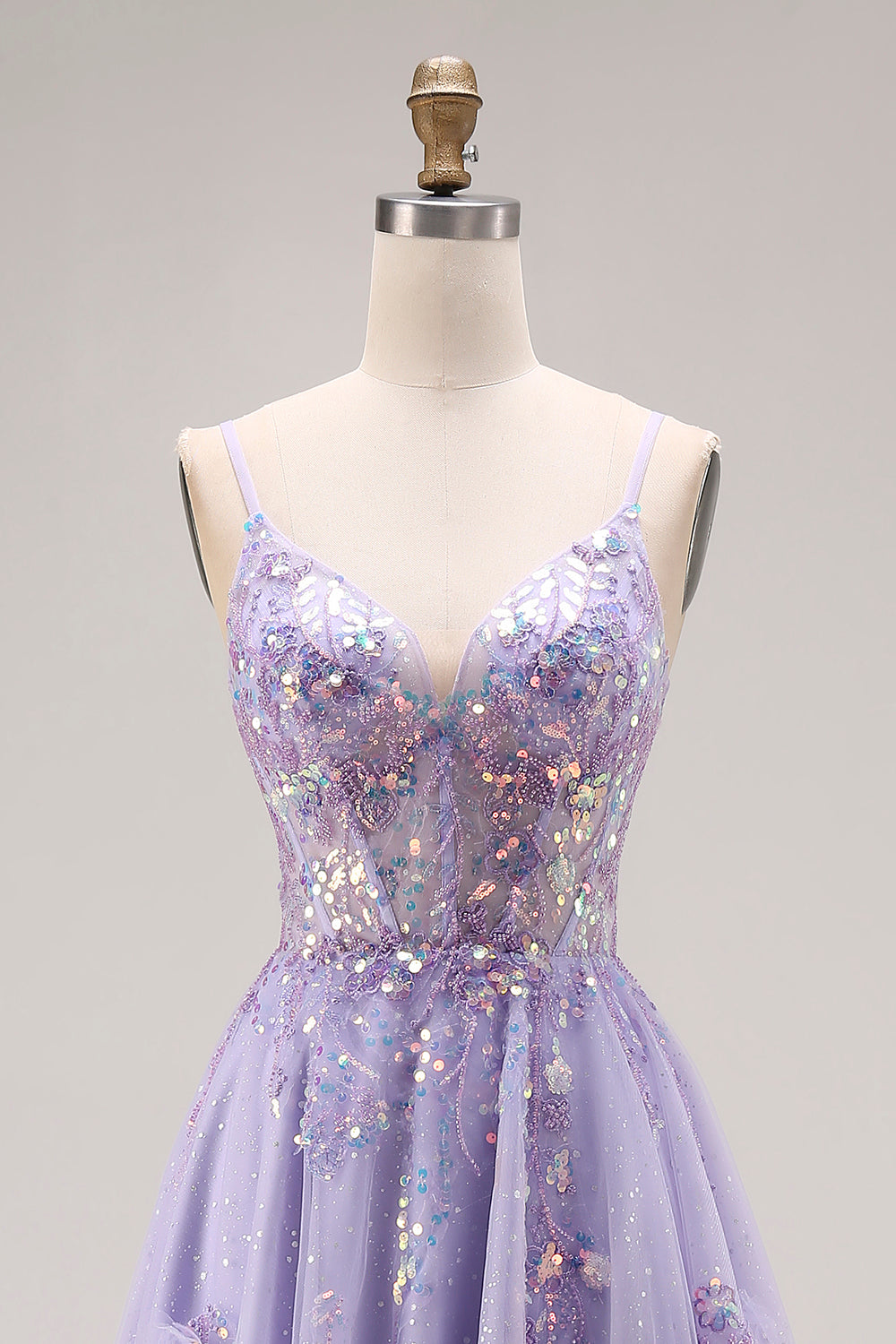Sparkly Light Purple Corset A Line Long Tulle Prom Dress with Slit