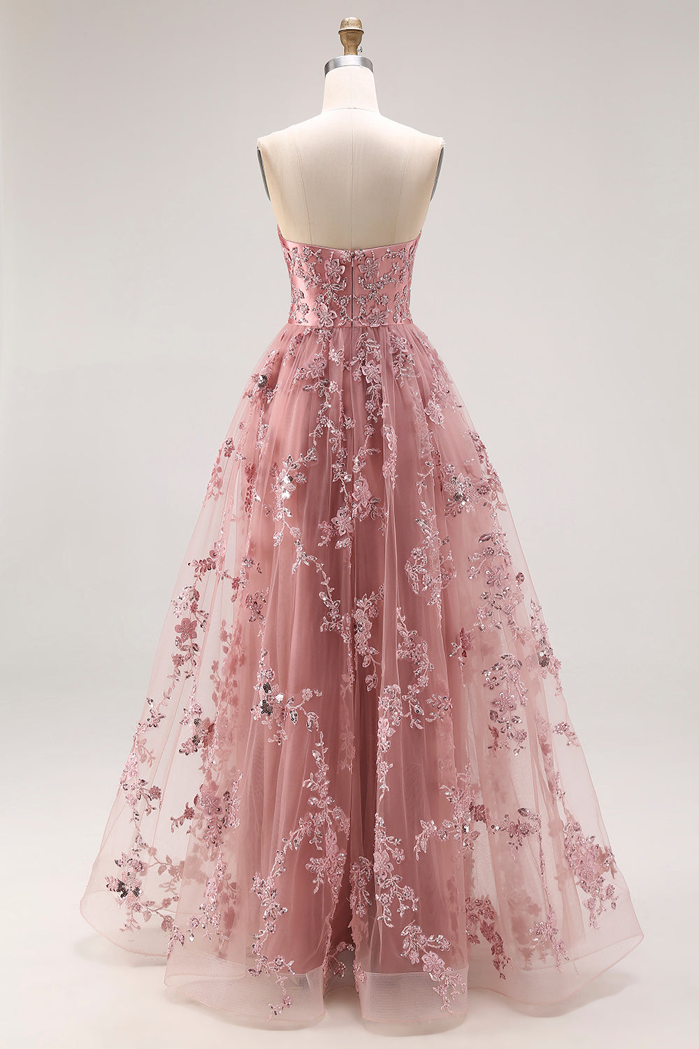 Floral Dusty Rose A Line Sweetheart Long Sparkly Prom Dress with Slit