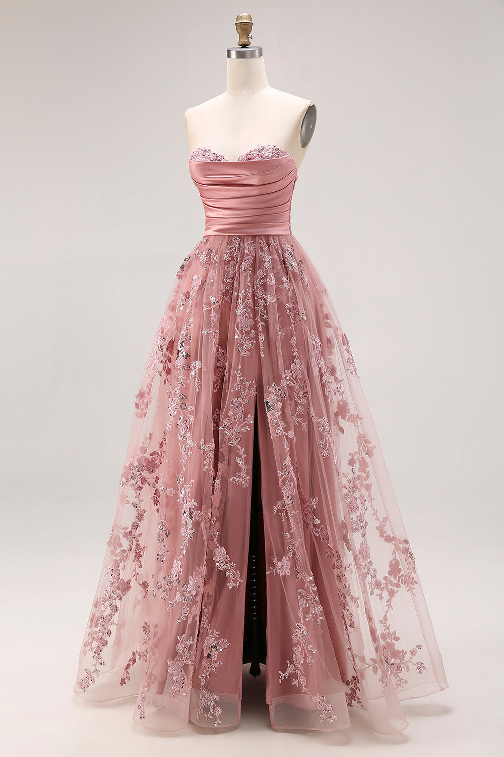 Floral Dusty Rose A Line Sweetheart Long Sparkly Prom Dress with Slit