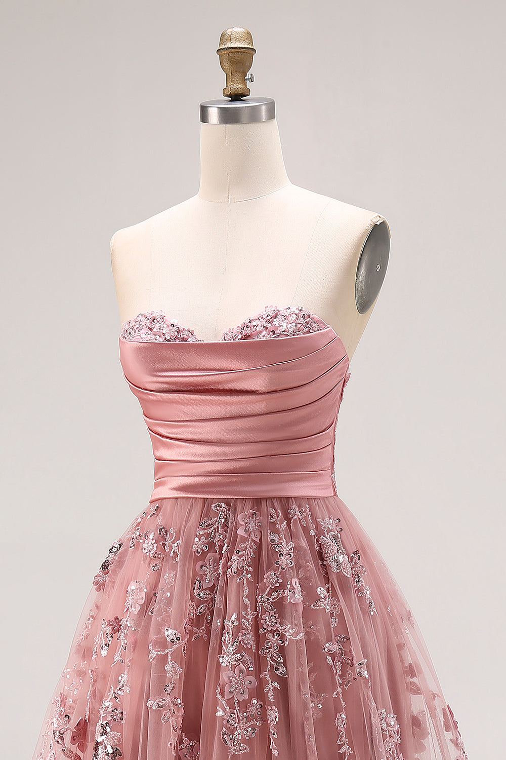 Floral Dusty Rose A Line Sweetheart Long Sparkly Prom Dress with Slit