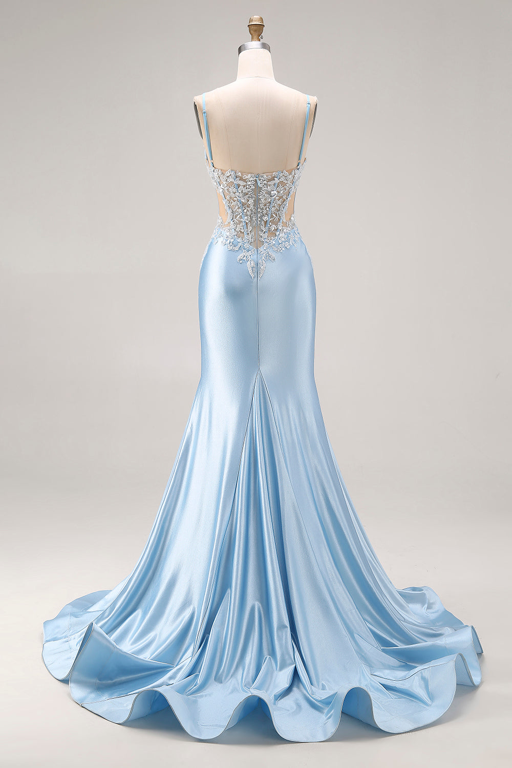 Sky Blue Satin Corset Cut Out Long Mermaid Prom Dress with Appliques
