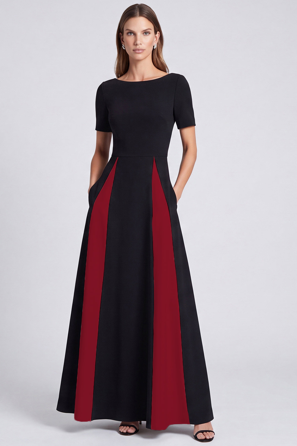 Black and White Boat Neck A Line Long Formal Dress with Pockets