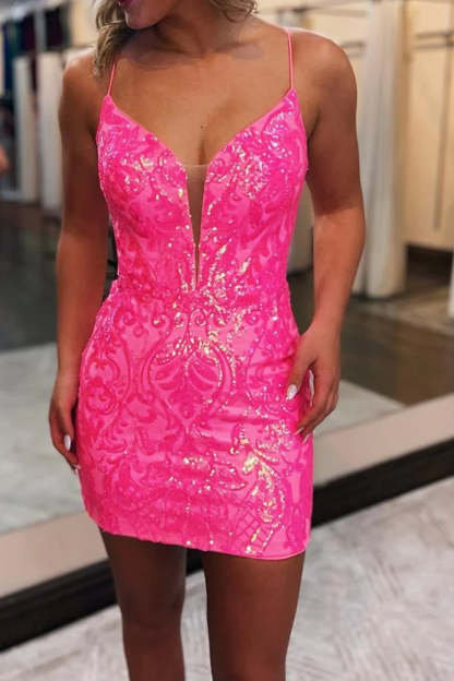 Stylish Bodycon Spaghetti Straps Hot Pink Short Homecoming Dress with Criss Cross Back