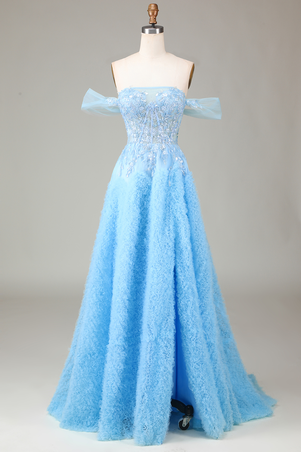 Princess A Line Off the Shoulder Blue Corset Prom Dress with Split Front