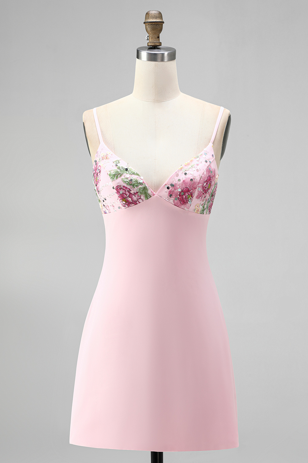 Pink Spaghetti Straps Floral Short Bodycon Homecoming Dress with Embroidery