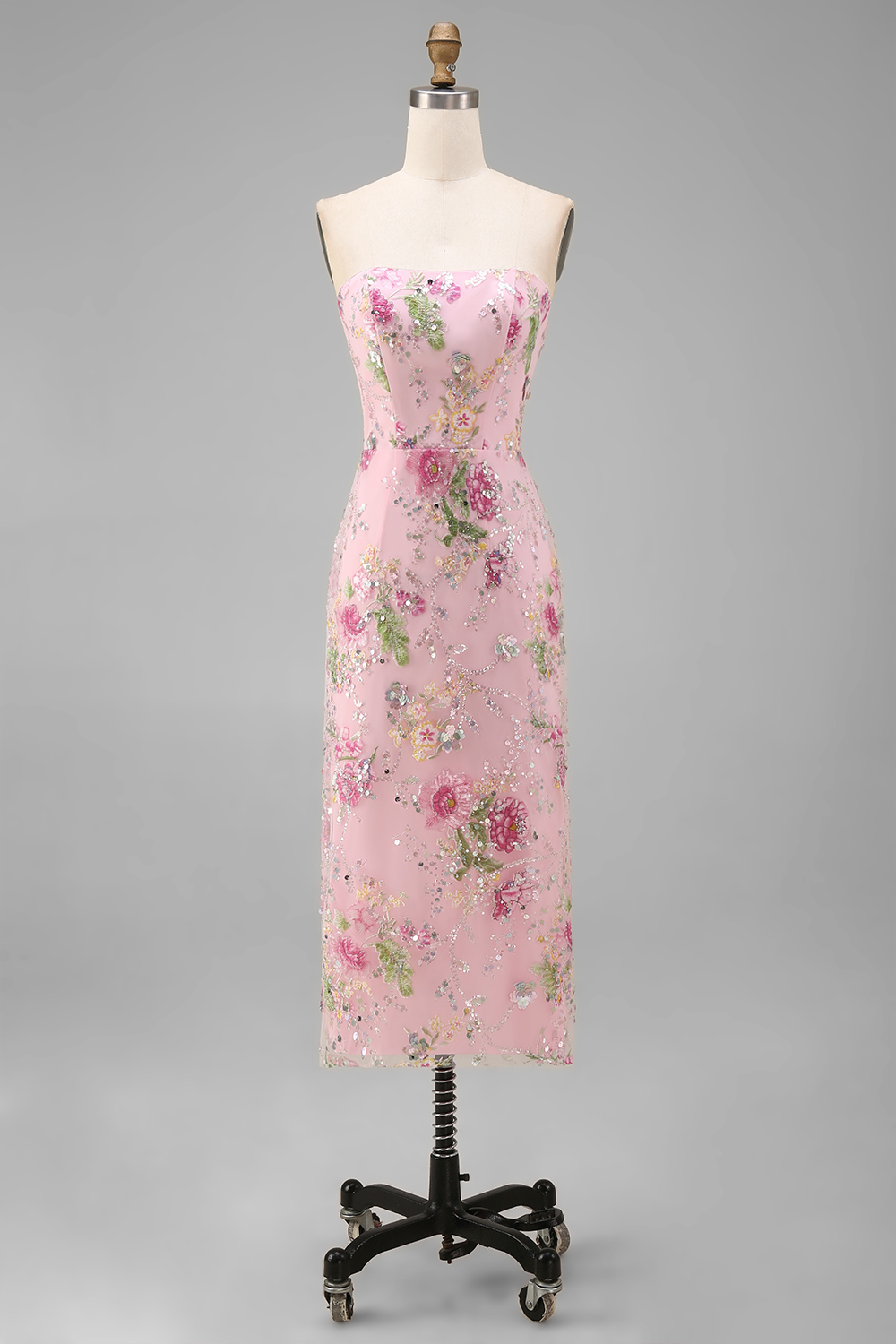 Floral Pink Strapless Bodycon Sequin Long Sparkly Prom Dress