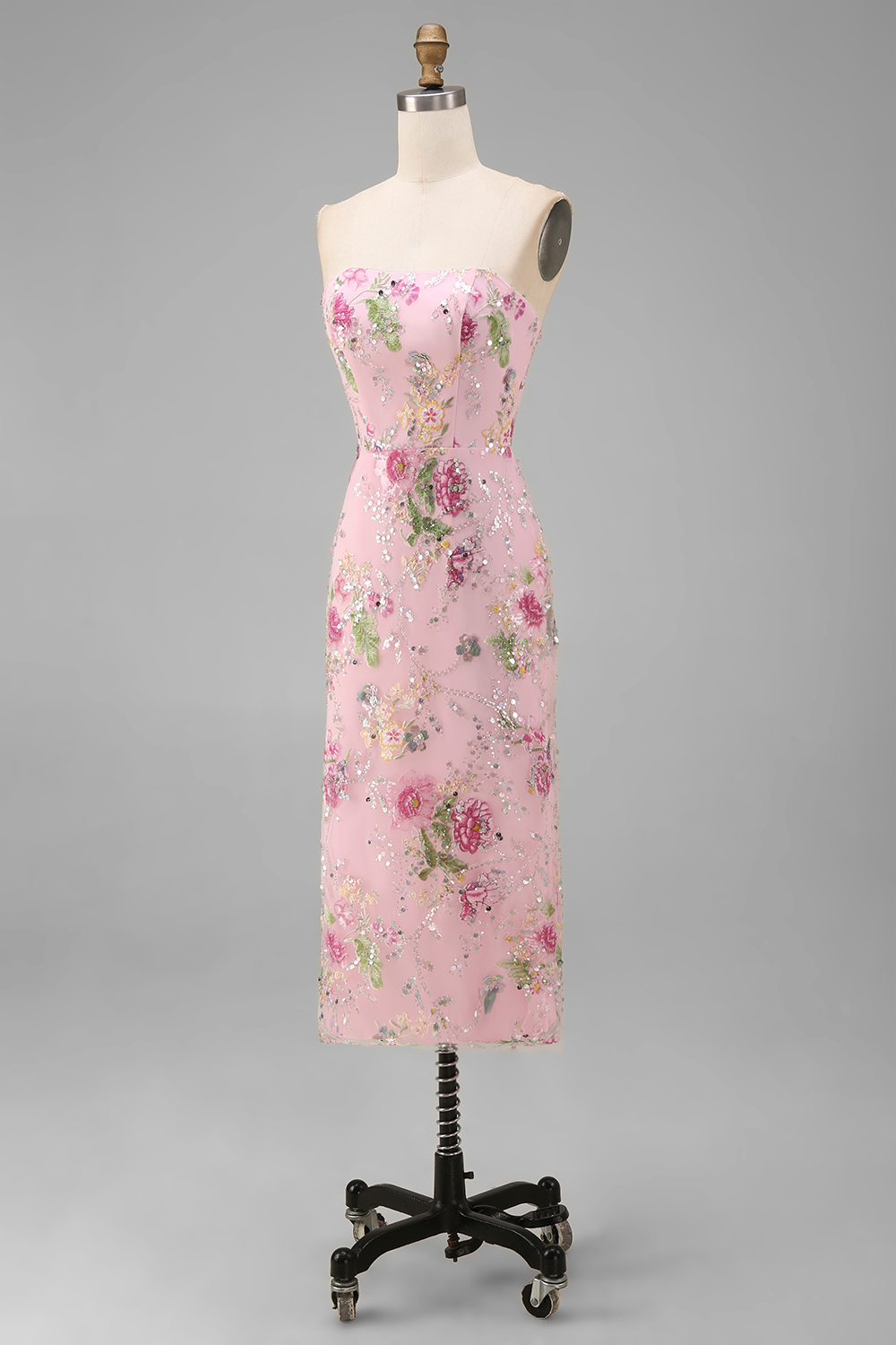 Floral Pink Strapless Bodycon Sequin Long Sparkly Prom Dress