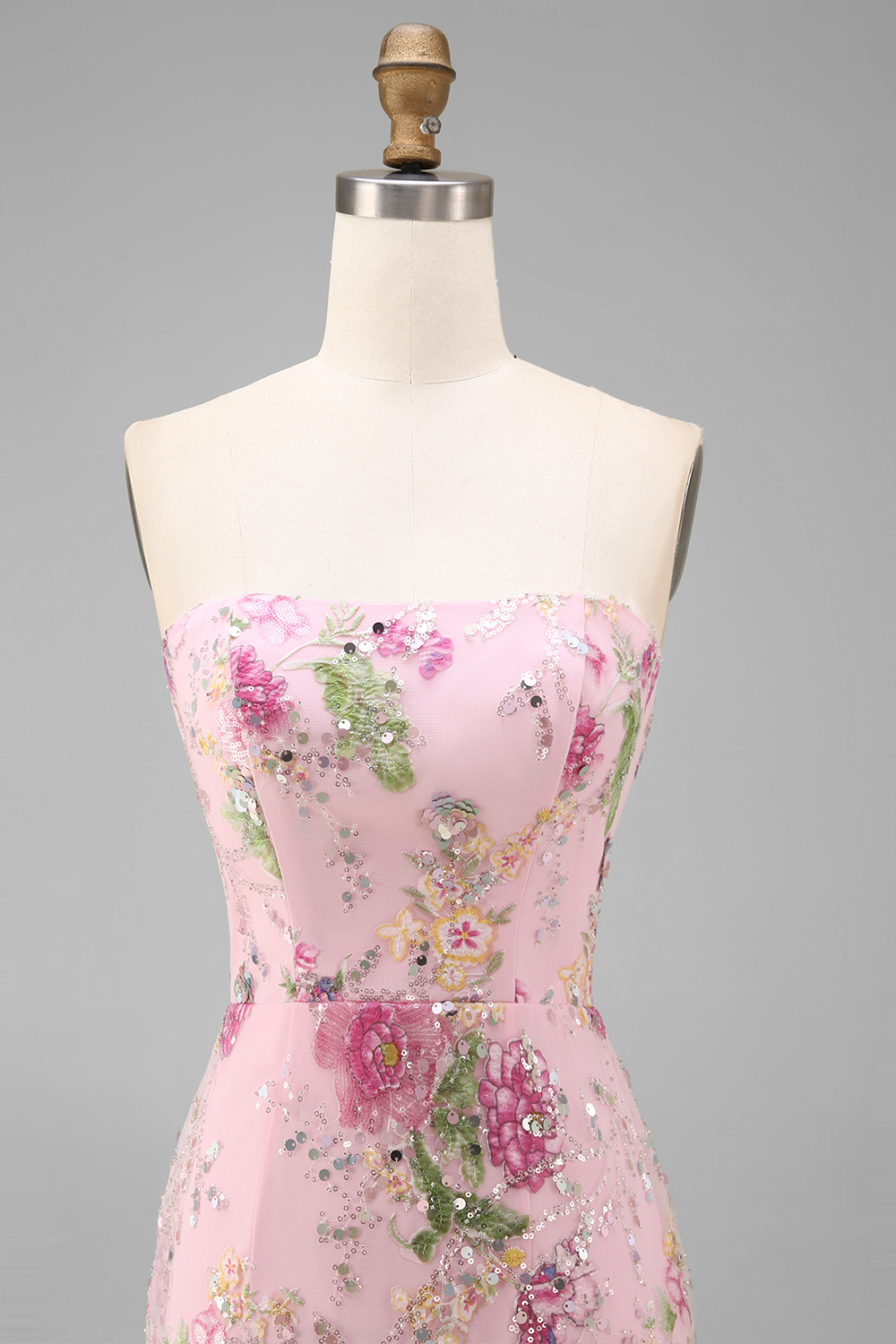 Floral Pink Strapless Bodycon Sequin Long Sparkly Prom Dress