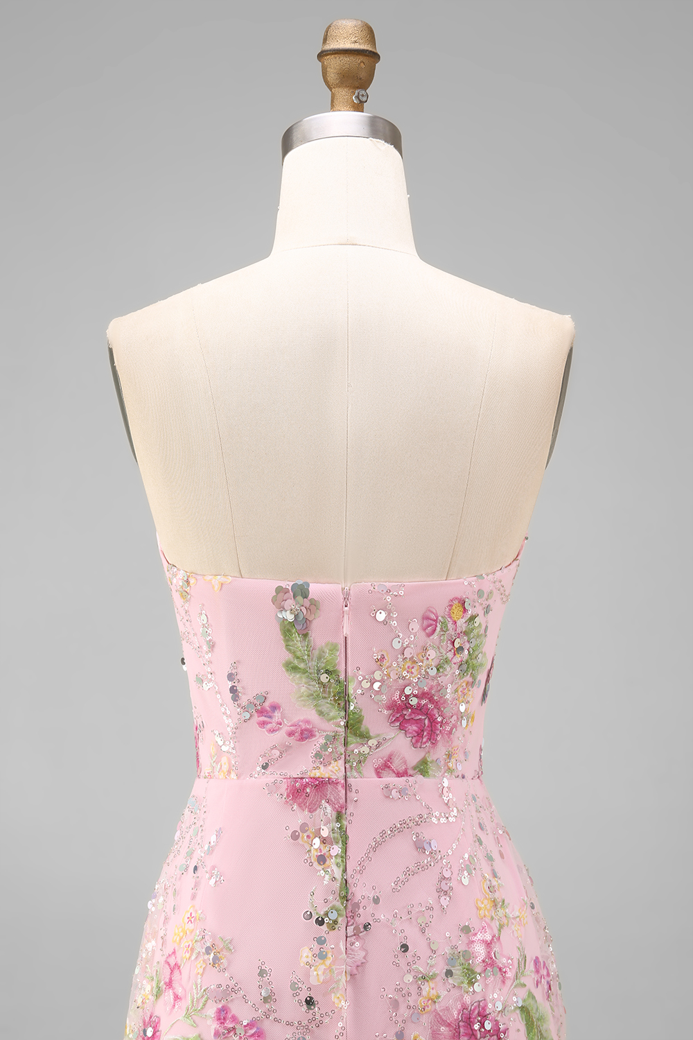 Floral Pink Strapless Bodycon Sequin Long Sparkly Prom Dress