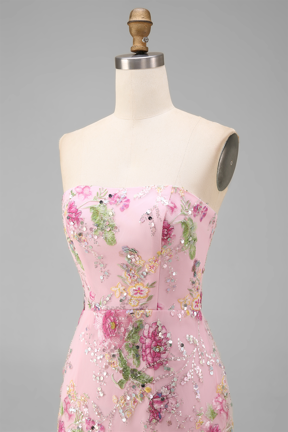 Floral Pink Strapless Bodycon Sequin Long Sparkly Prom Dress