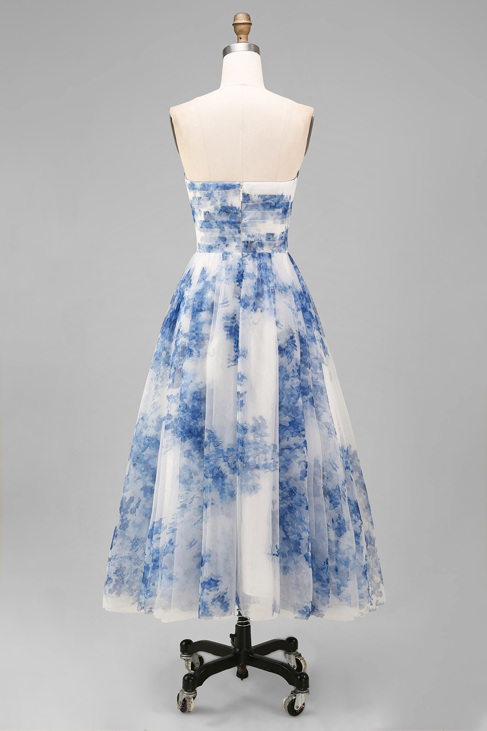 Floral White and Blue A Line Strapless Tulle Midi Prom Dress