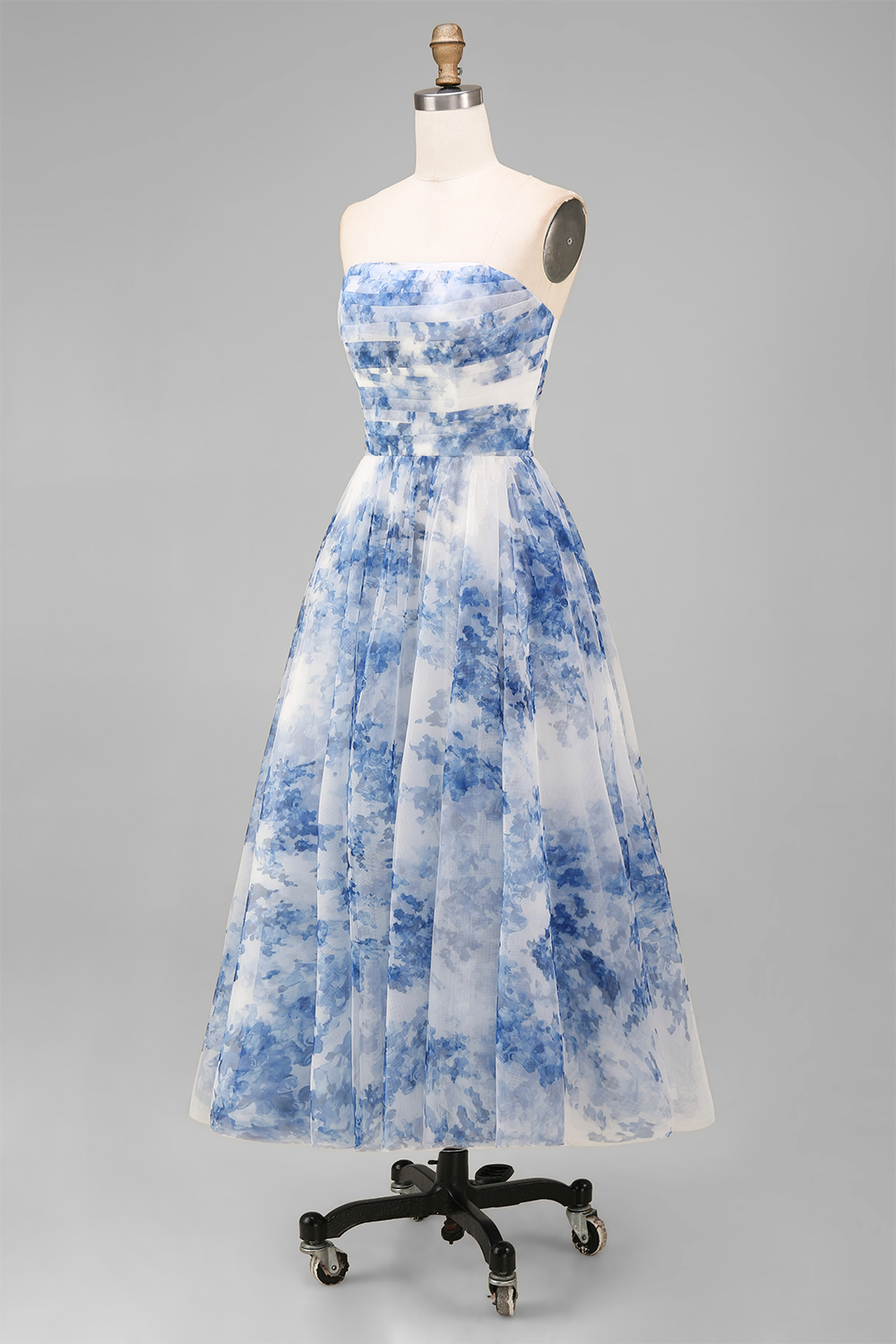 Floral White and Blue A Line Strapless Tulle Midi Prom Dress