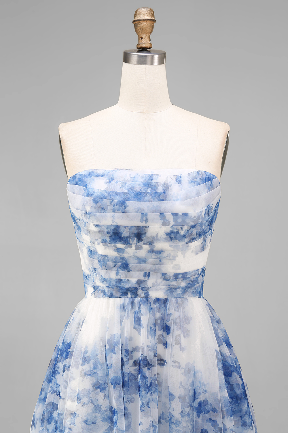 Floral White and Blue A Line Strapless Tulle Midi Prom Dress