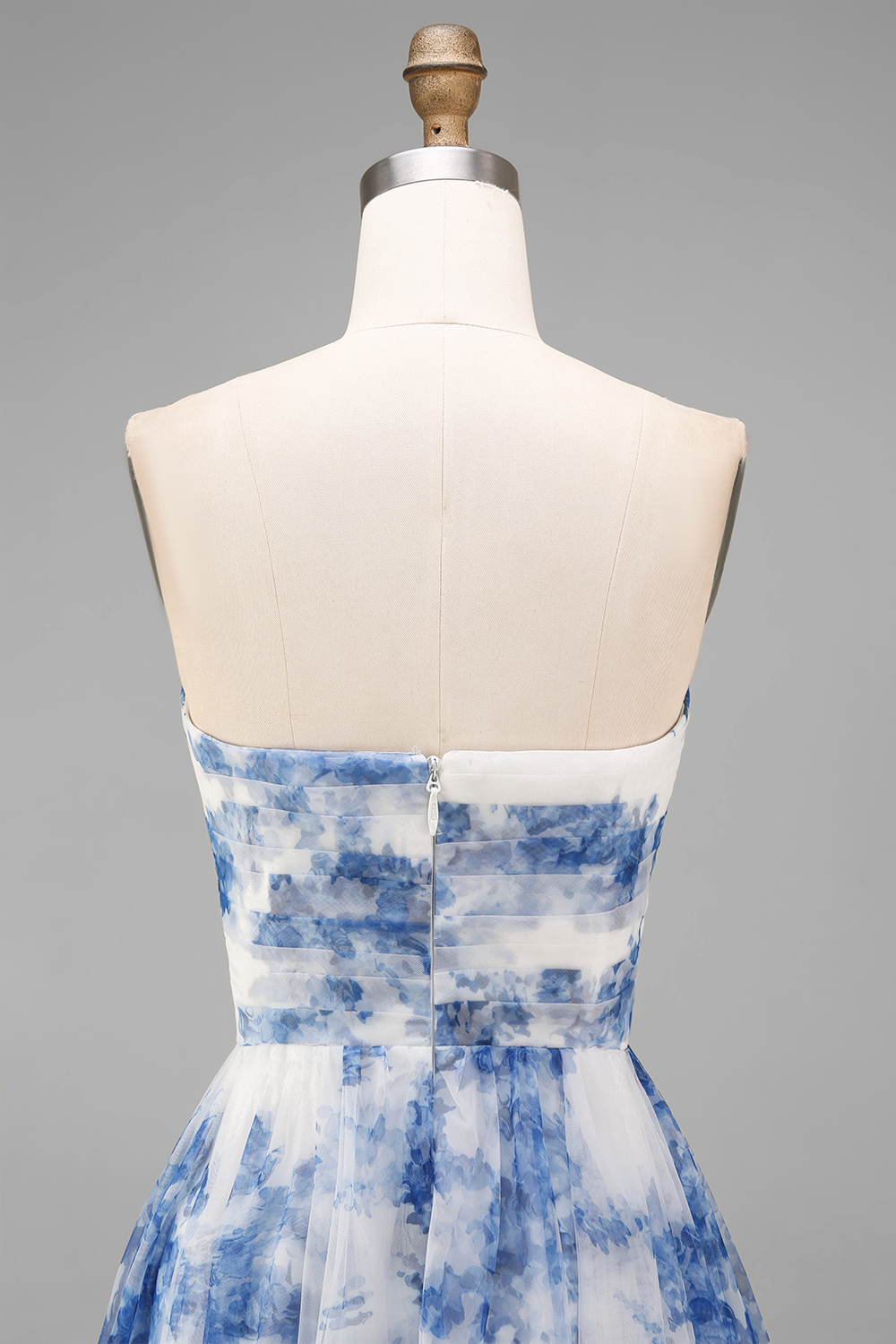 Floral White and Blue A Line Strapless Tulle Midi Prom Dress