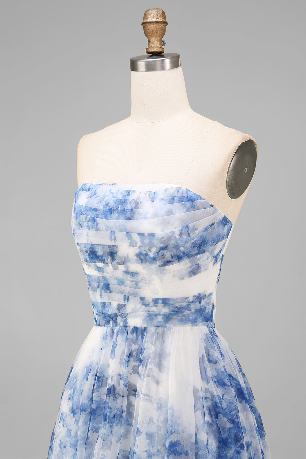 Floral White and Blue A Line Strapless Tulle Midi Prom Dress