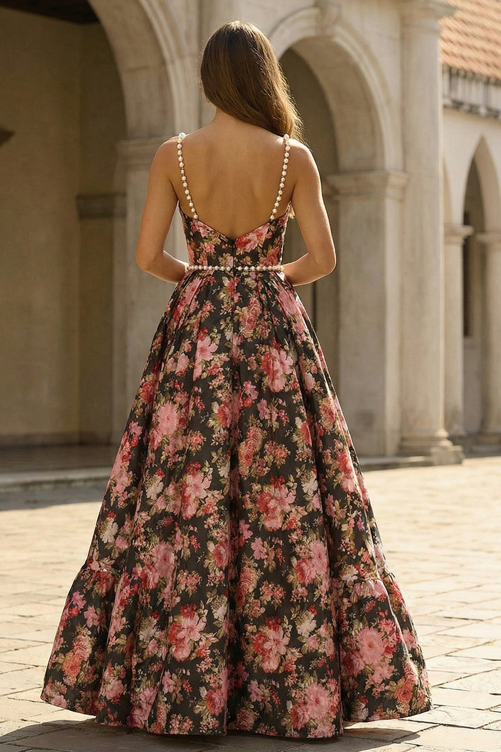 Floral Black and Pink A Line Spaghetti Straps Long Prom Dress with Pearls