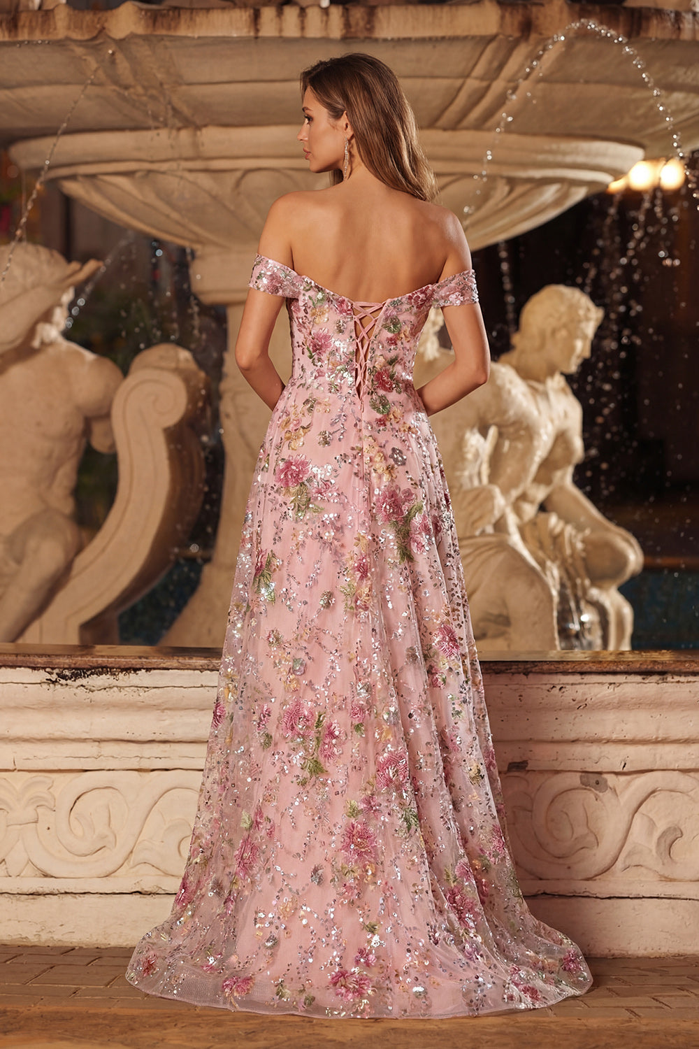 Sparkly Pink A Line Sequins Off the Shoulder Long Floral Prom Dress with Slit