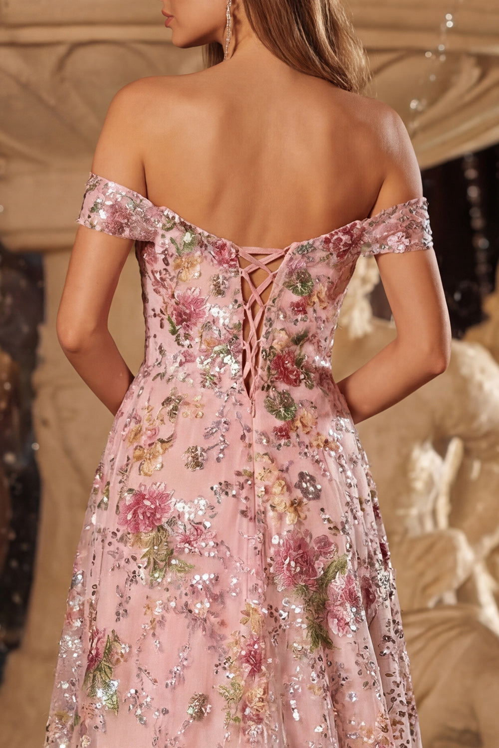 Sparkly Pink A Line Sequins Off the Shoulder Long Floral Prom Dress with Slit