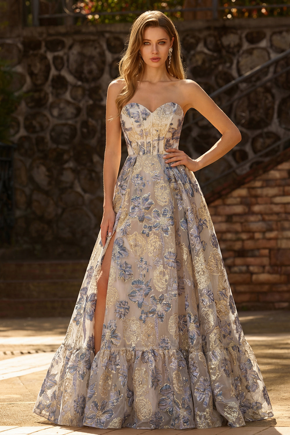 Floral Dusty Blue A Line Ruffled Sweetheart Long Corset Prom Dress with Slit