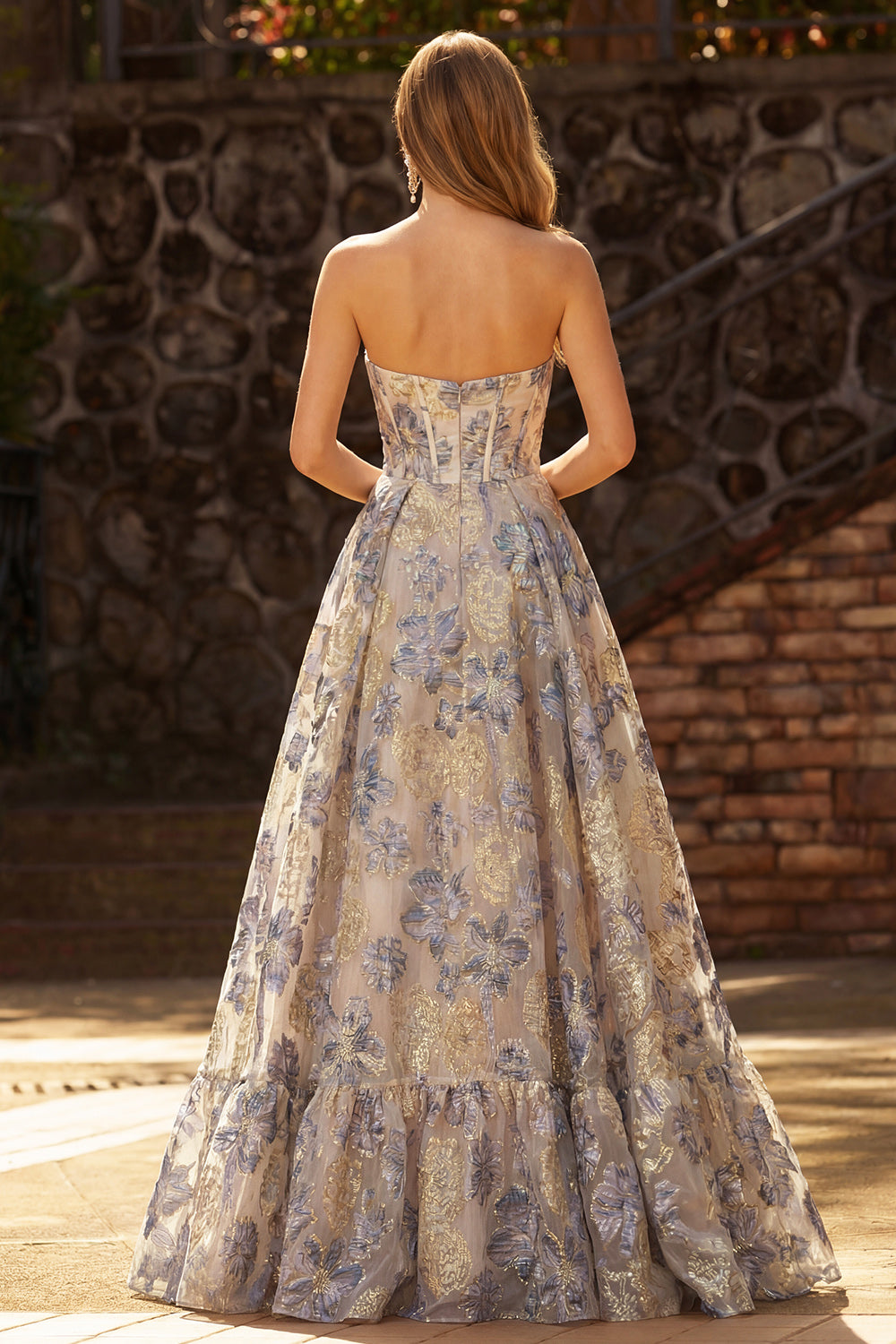 Floral Dusty Blue A Line Ruffled Sweetheart Long Corset Prom Dress with Slit
