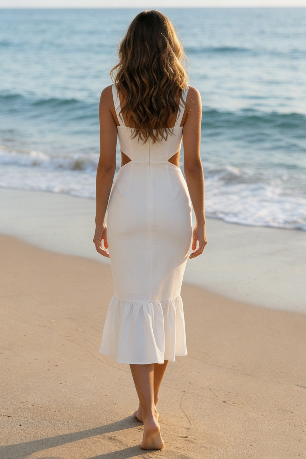 Ivory Bodycon Cut Out Satin Midi Wedding Reception Dress with Ruffles