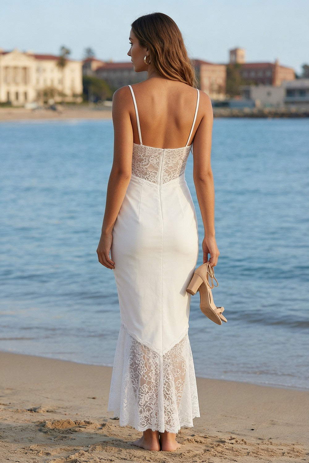 Elegant Ivory Cowl Neck Ruffled Long Mermaid Wedding Reception Dress with Lace
