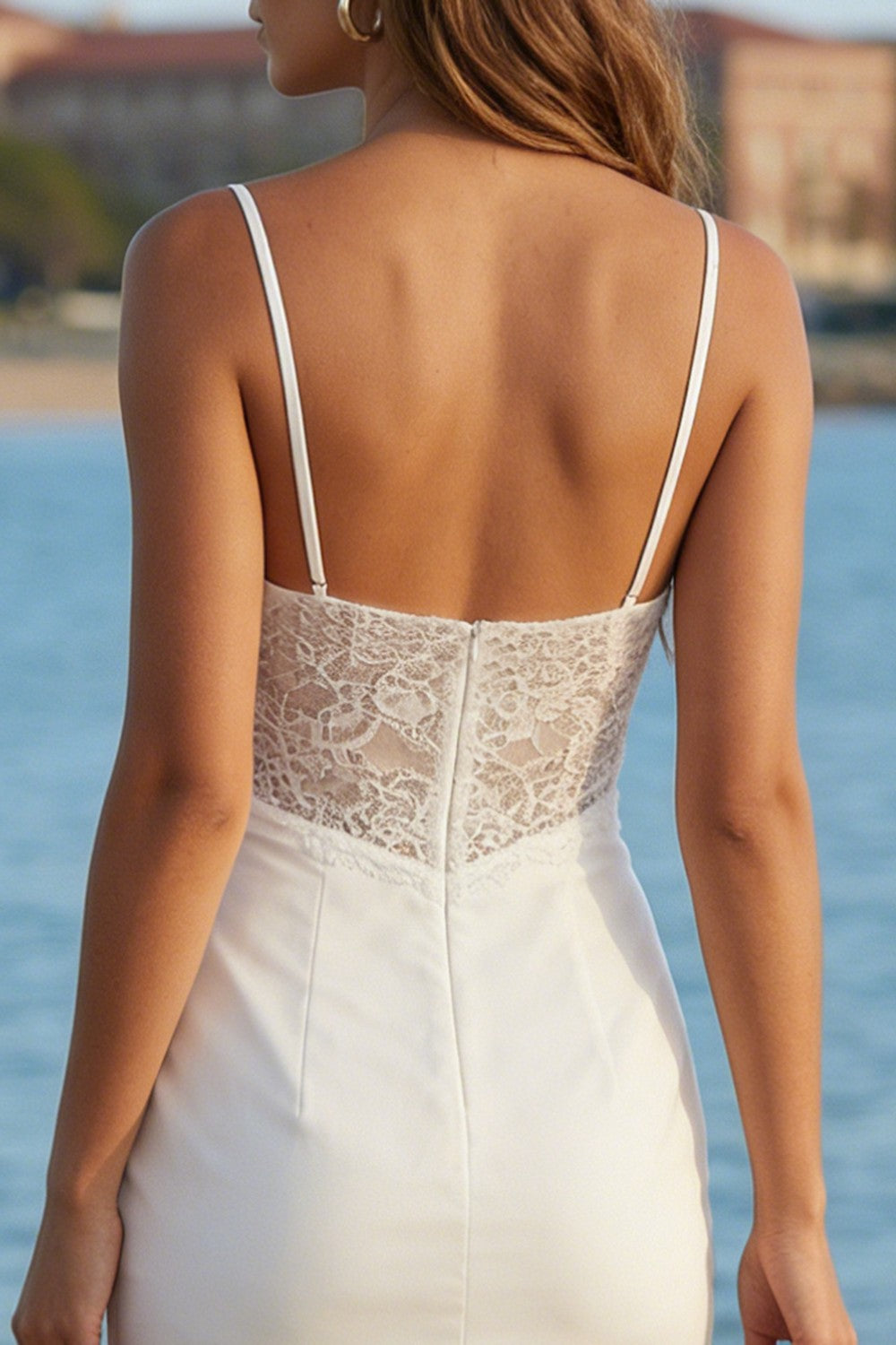 Elegant Ivory Cowl Neck Ruffled Long Mermaid Wedding Reception Dress with Lace