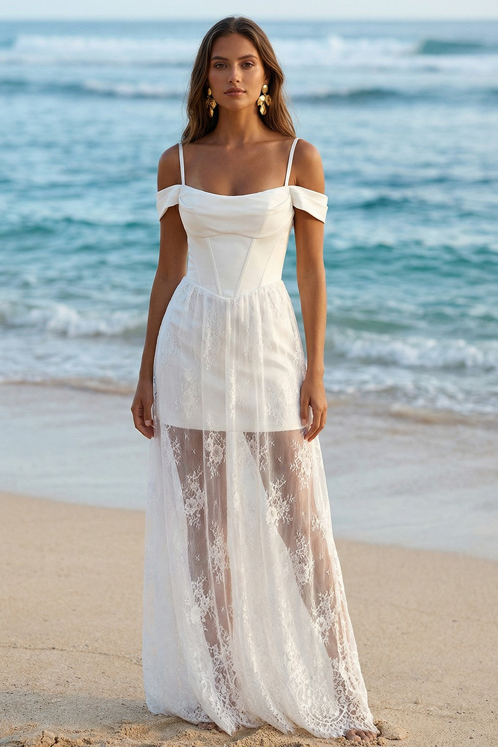 Ivory Cold Shoulder Sheath Corset Boho Wedding Reception Dress with Lace