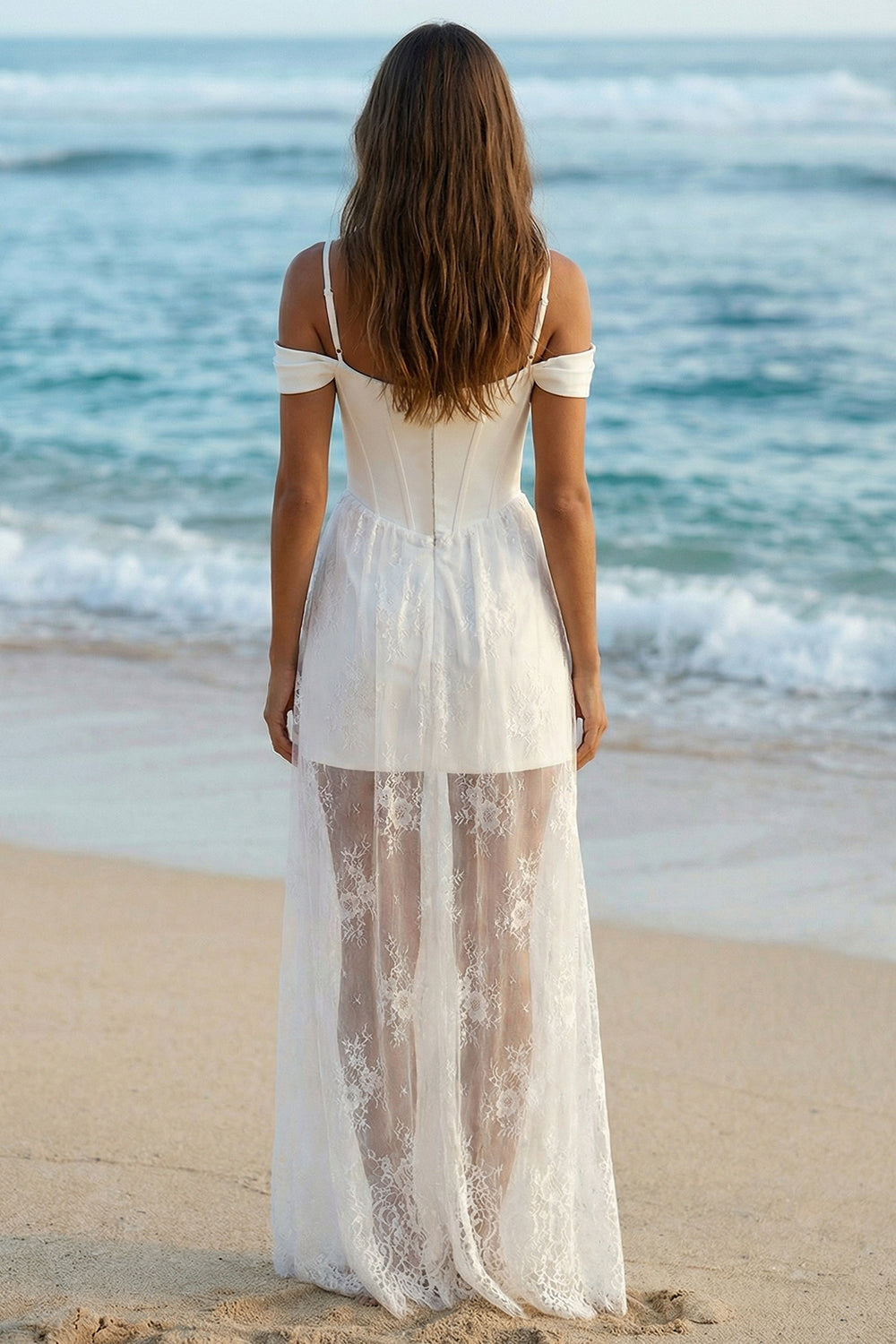 Ivory Cold Shoulder Sheath Corset Boho Wedding Reception Dress with Lace