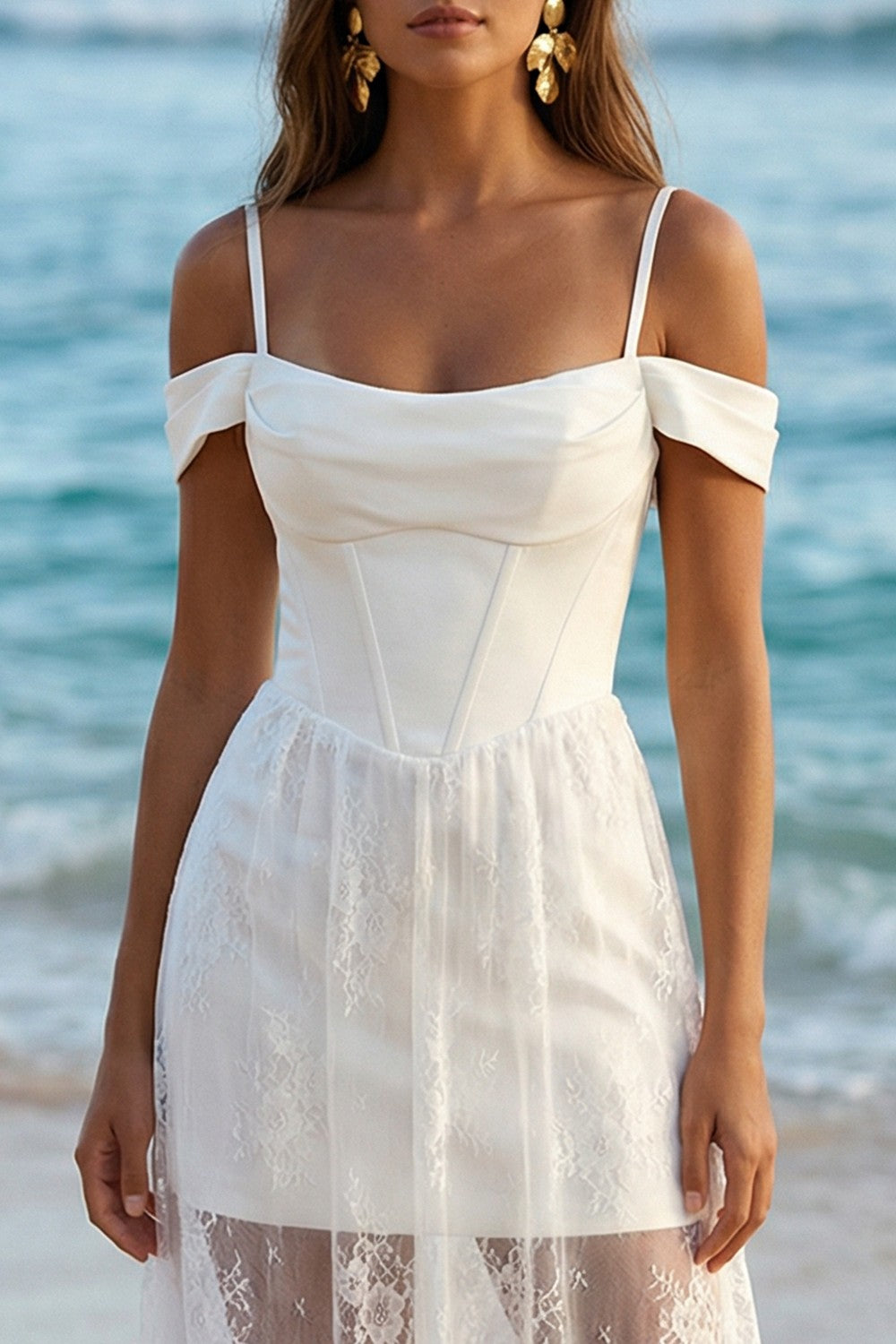 Ivory Cold Shoulder Sheath Corset Boho Wedding Reception Dress with Lace