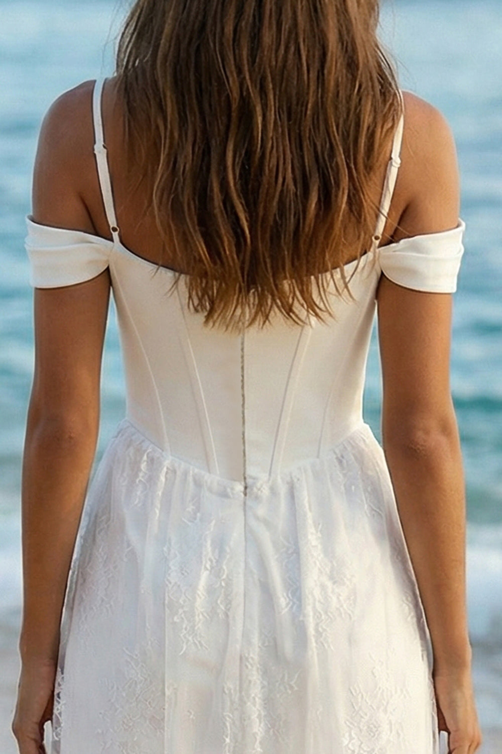 Ivory Cold Shoulder Sheath Corset Boho Wedding Reception Dress with Lace