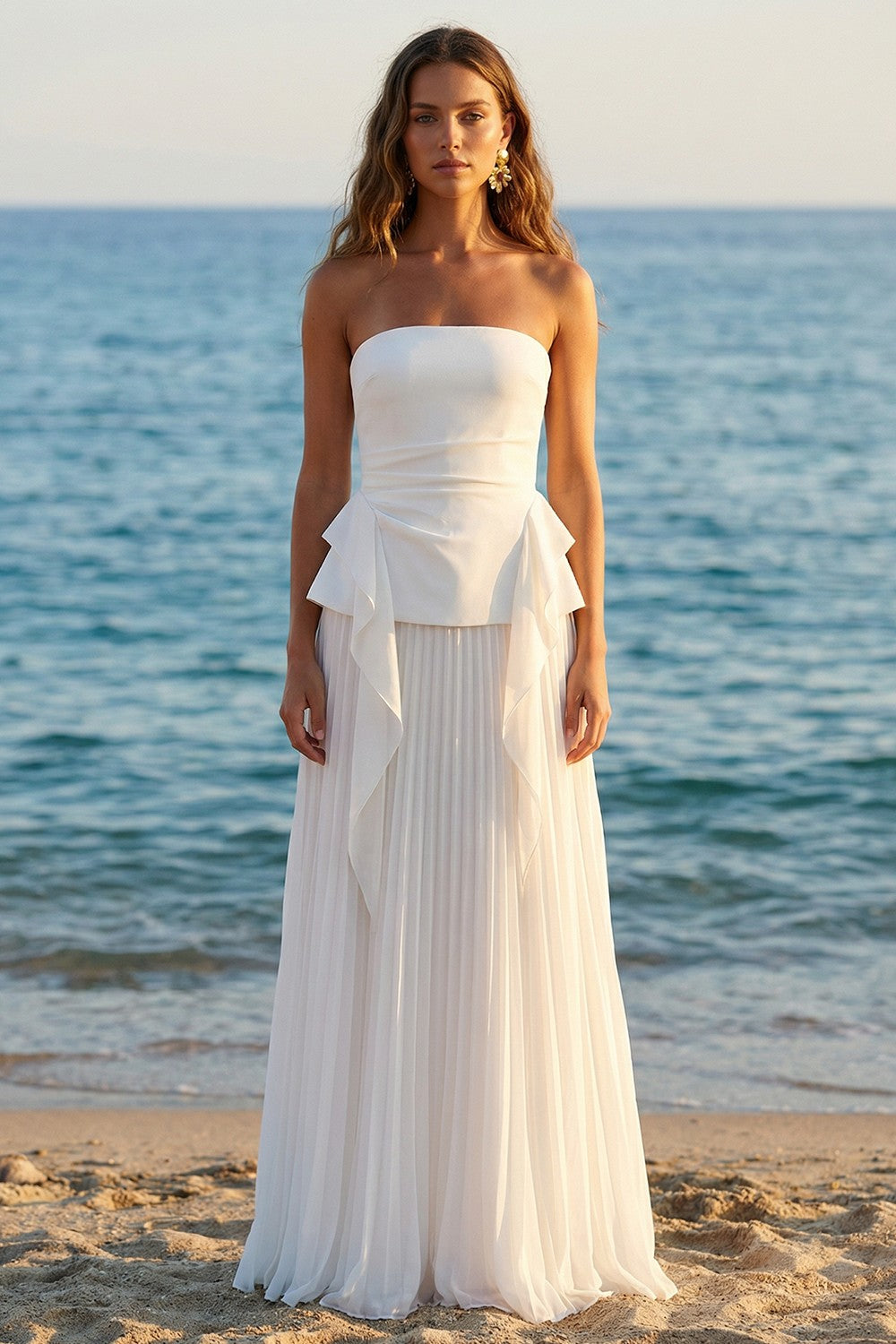 Ivory A Line Strapless Pleated Long Rehearsal Dinner Dress with Ruffles