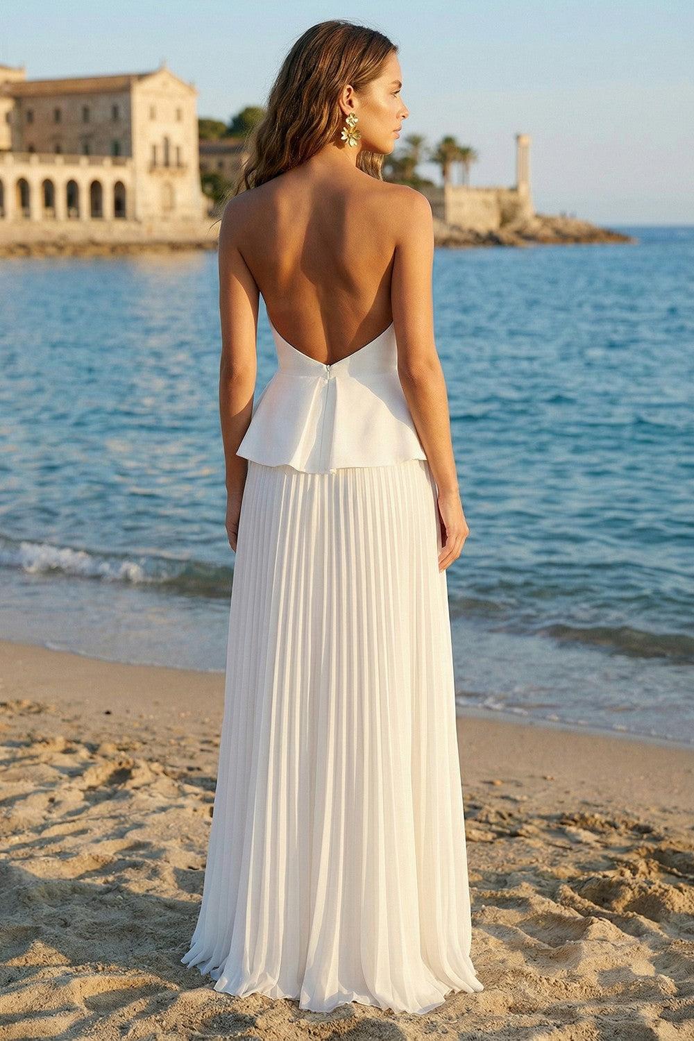 Ivory A Line Strapless Pleated Long Rehearsal Dinner Dress with Ruffles