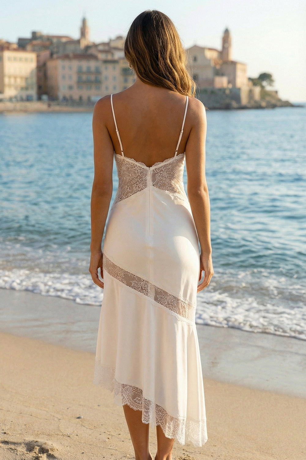 Ivory Sheath Spaghetti Straps Midi Satin Wedding Reception Dress with Lace