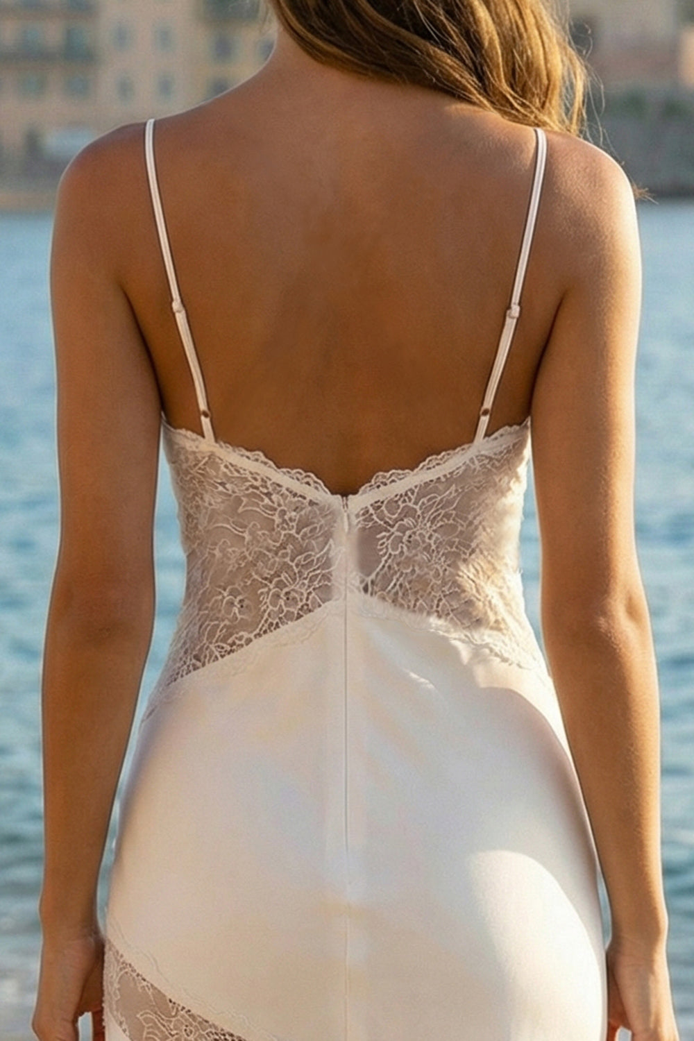Ivory Sheath Spaghetti Straps Midi Satin Wedding Reception Dress with Lace
