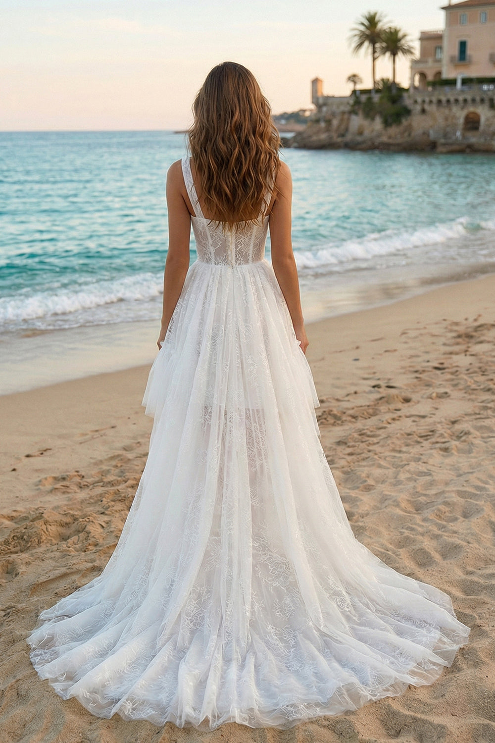 Boho Ivory A Line Thick Straps High-Low Wedding Reception Dress with Ruffles