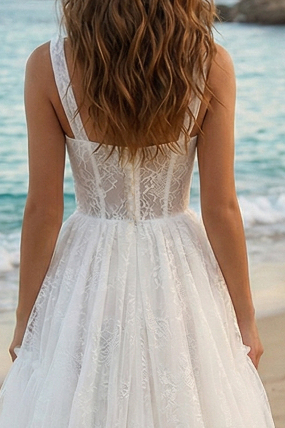Boho Ivory A Line Thick Straps High-Low Wedding Reception Dress with Ruffles