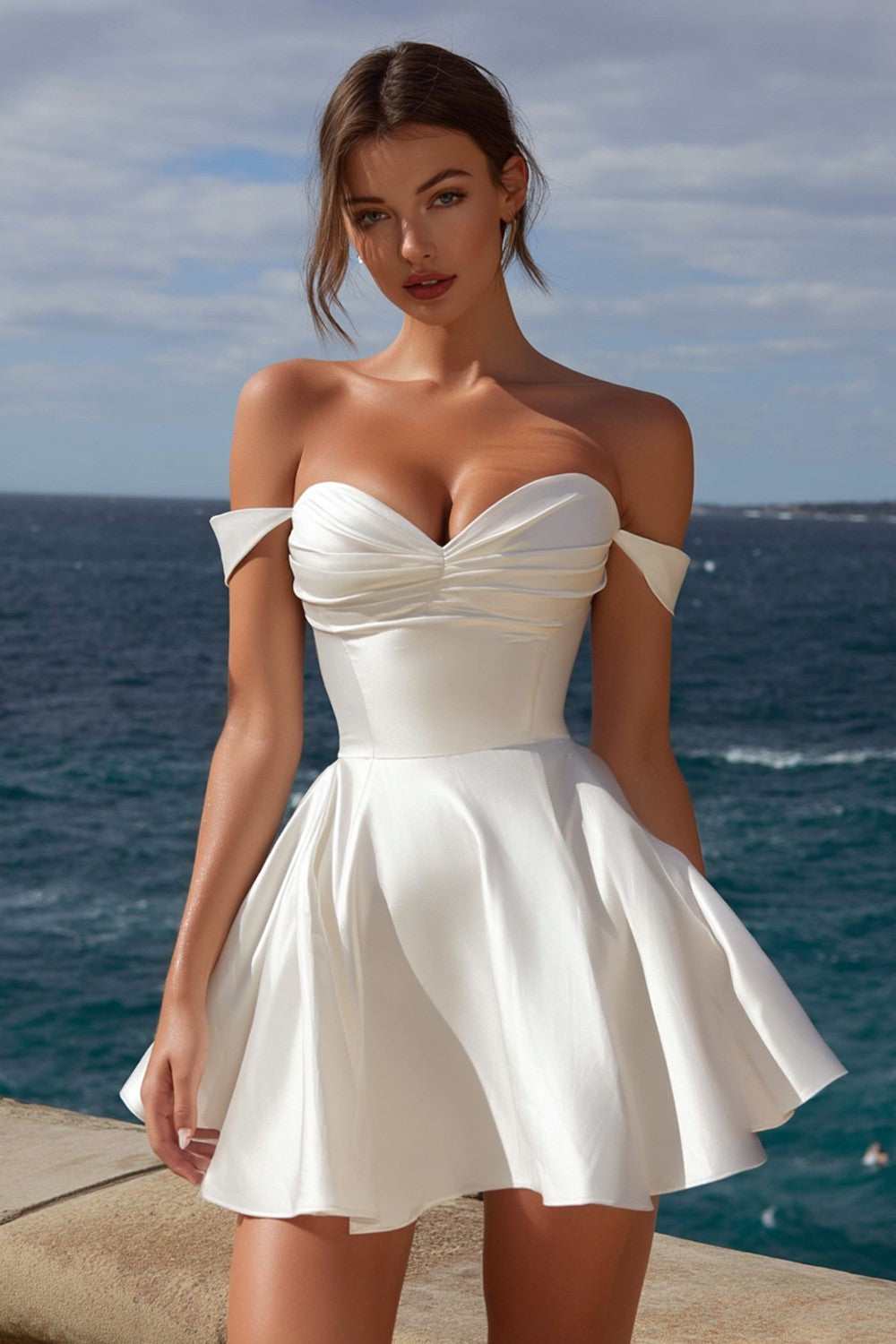 Elegant Ivory Satin A Line Off the Shoulder Short Graduation Dress