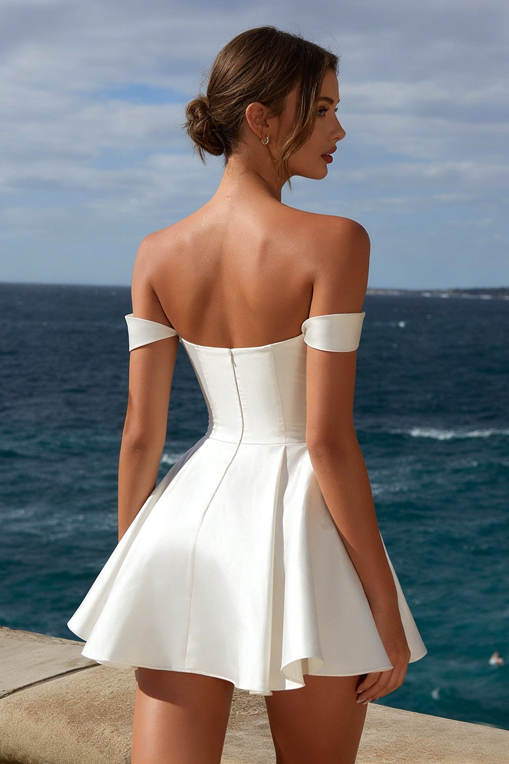 Elegant Ivory Satin A Line Off the Shoulder Short Graduation Dress