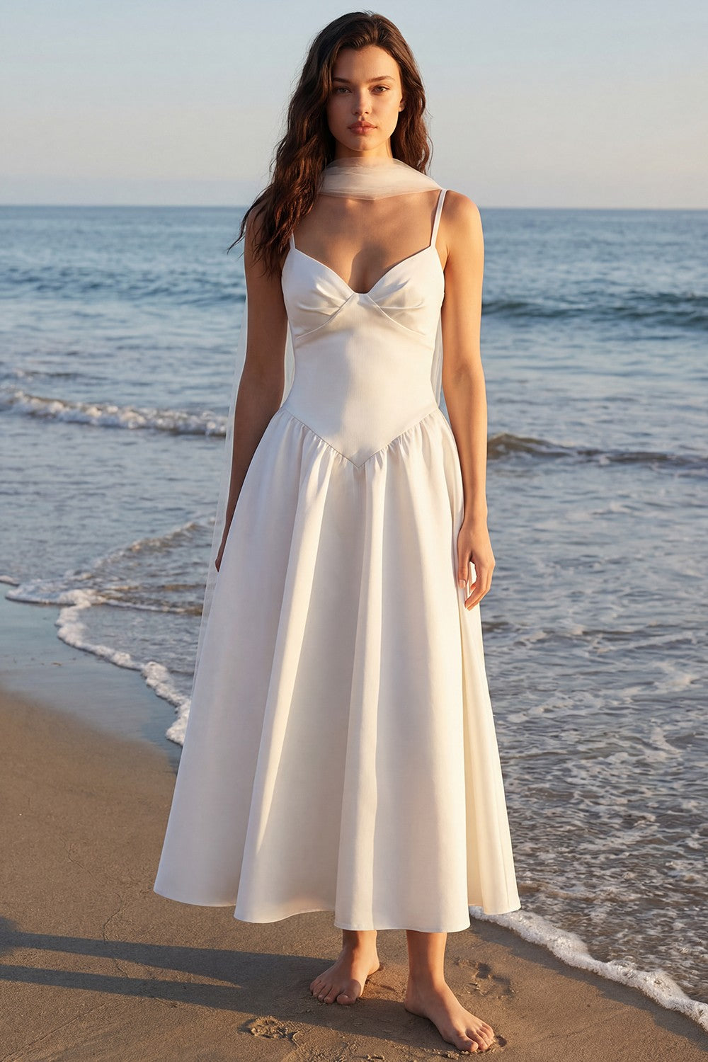 Elegant Ivory Satin A Line Neck Scarf Long Wedding Reception Dress