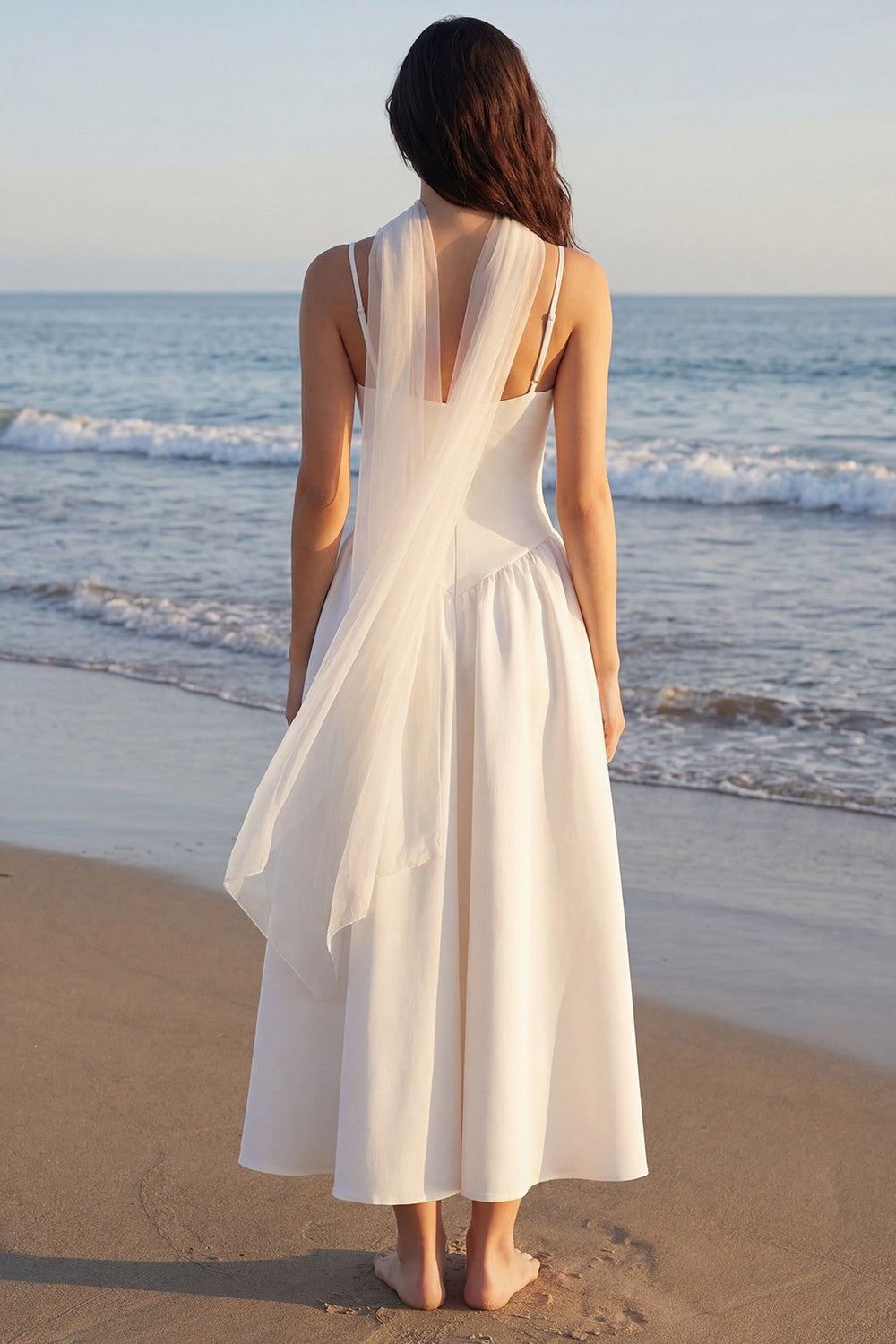 Elegant Ivory Satin A Line Neck Scarf Long Wedding Reception Dress