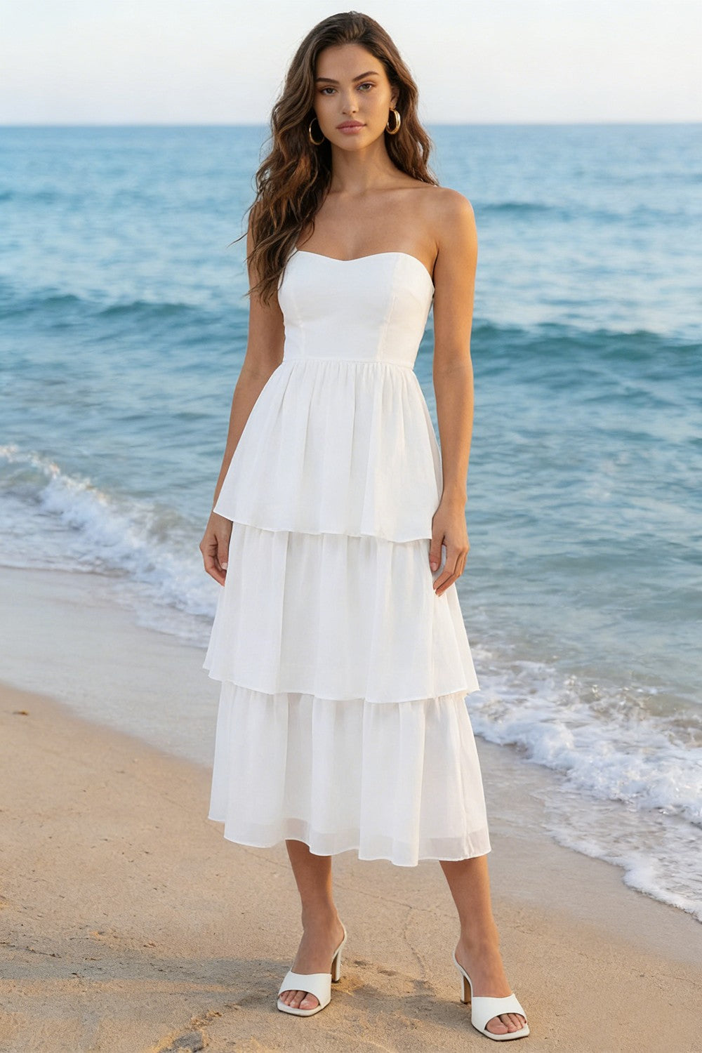 Simple Ivory Strapless A Line Tiered Midi Wedding Reception Dress